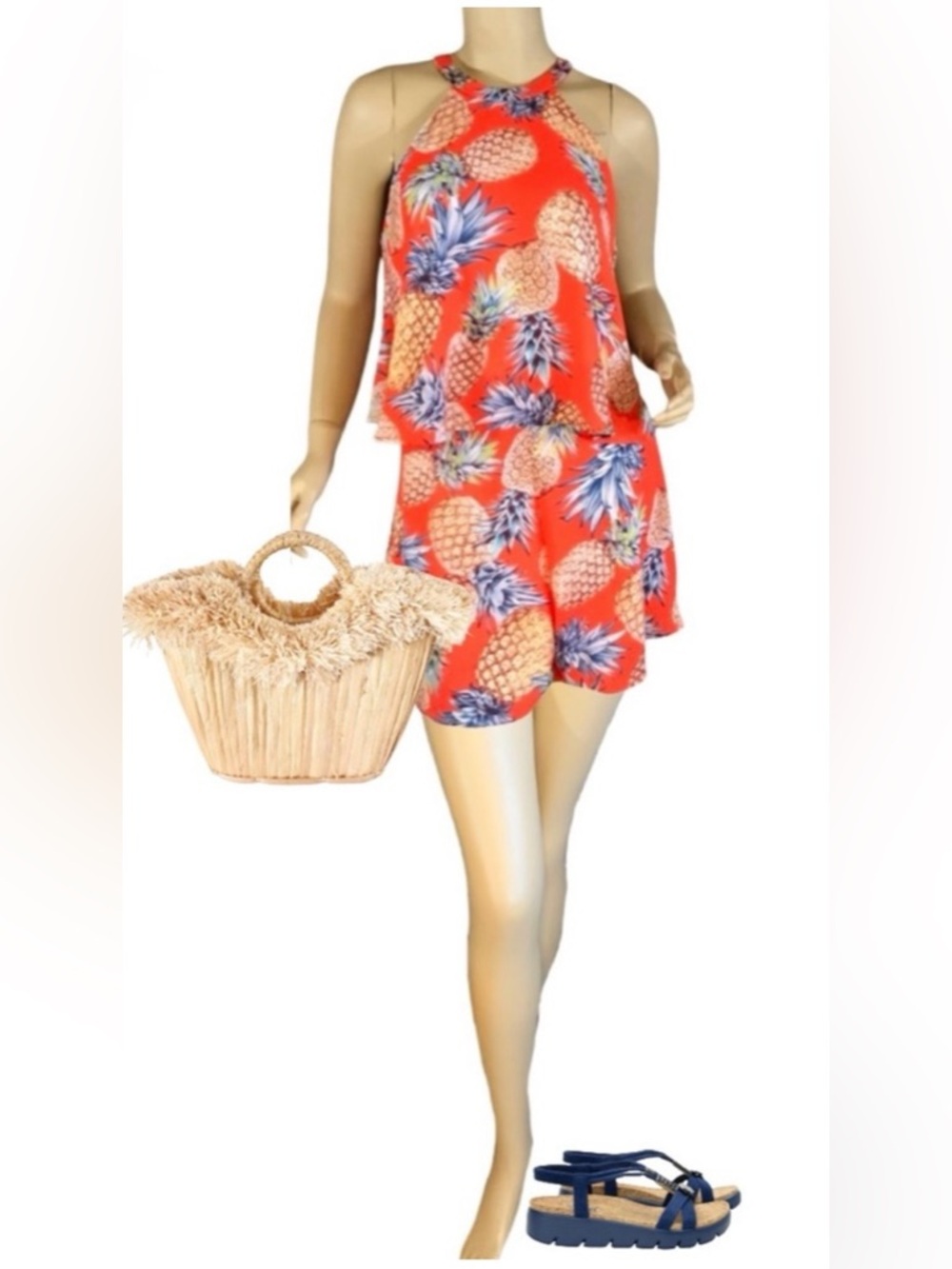 CRESCENT ORANGE & BLUE PINEAPPLE PRINT FLOWY SHORTS & TUNIC SET NWT (S)